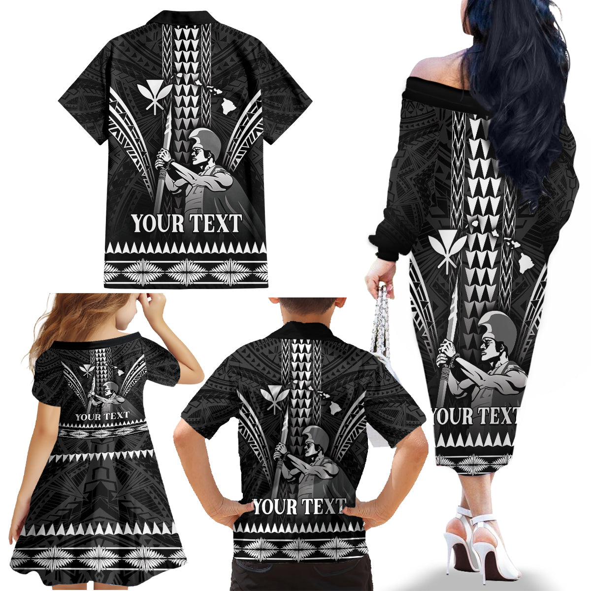 Personalised Hawaii Happy King Kamehameha Day Family Matching Off The Shoulder Long Sleeve Dress and Hawaiian Shirt Kakau Pattern LT05 - Polynesian Pride