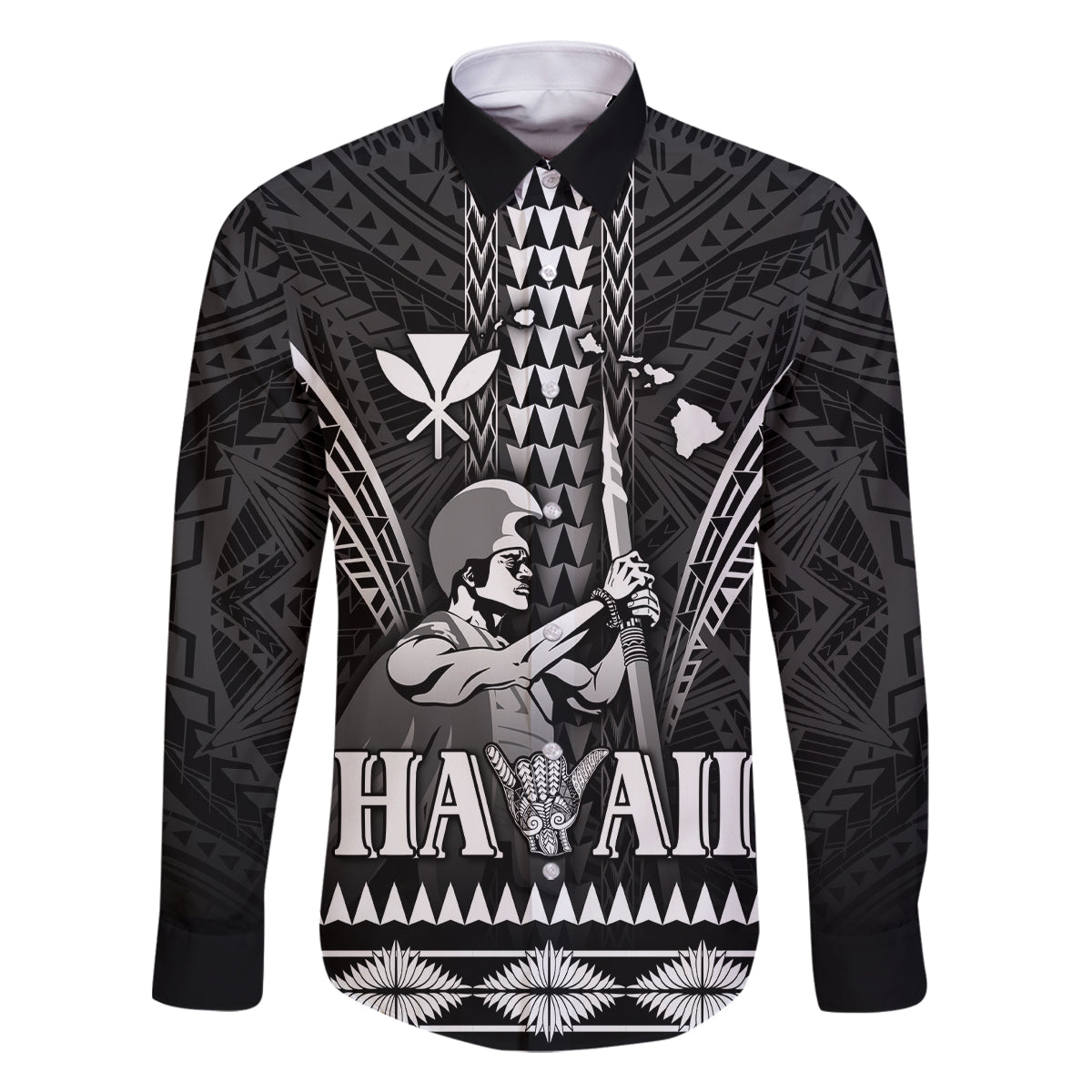Personalised Hawaii Happy King Kamehameha Day Family Matching Off The Shoulder Long Sleeve Dress and Hawaiian Shirt Kakau Pattern LT05 Dad's Shirt - Long Sleeve Black - Polynesian Pride