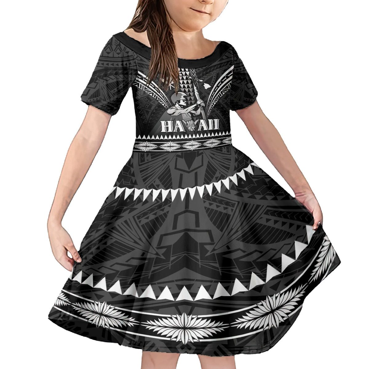 Personalised Hawaii Happy King Kamehameha Day Family Matching Off Shoulder Maxi Dress and Hawaiian Shirt Kakau Pattern LT05 Daughter's Dress Black - Polynesian Pride