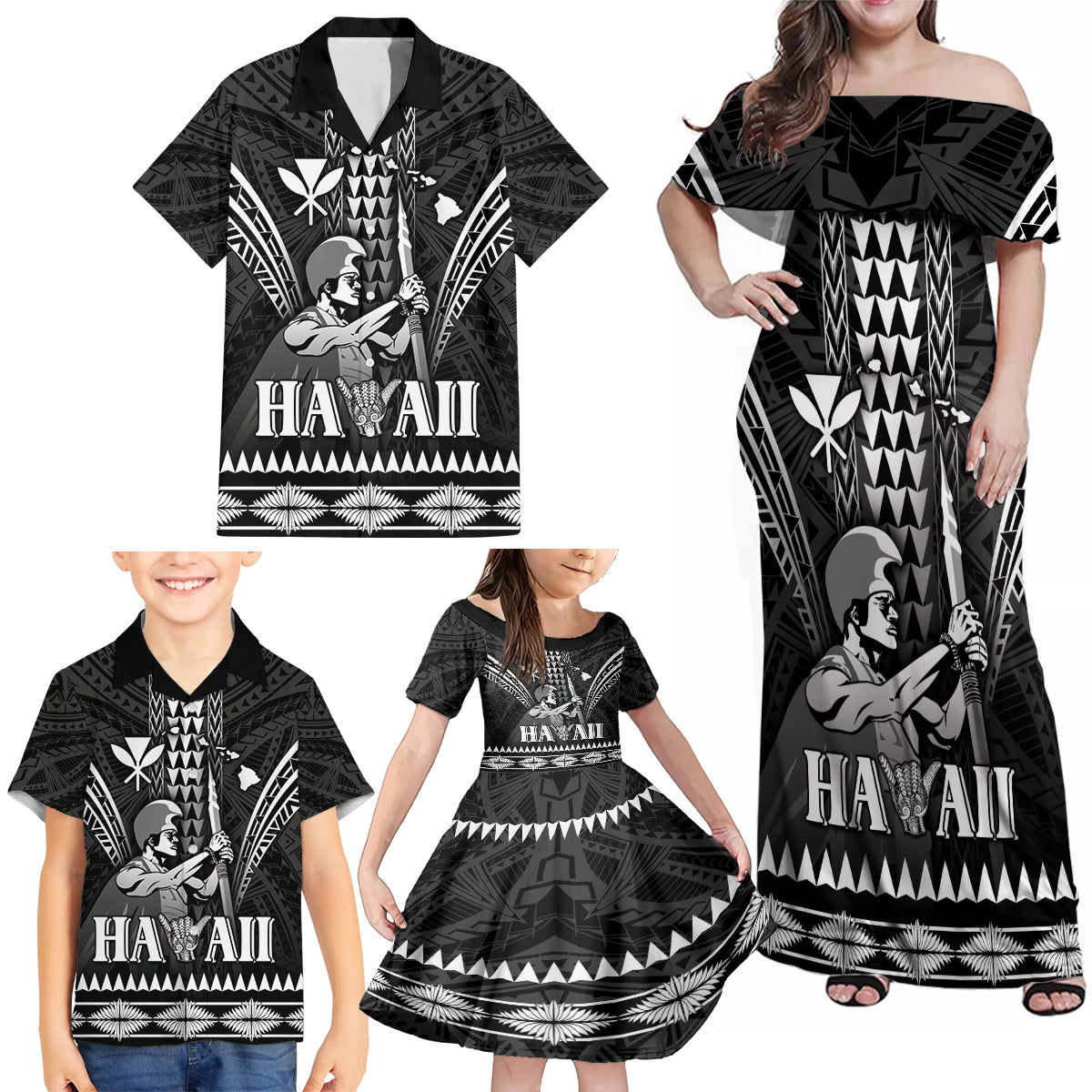 Personalised Hawaii Happy King Kamehameha Day Family Matching Off Shoulder Maxi Dress and Hawaiian Shirt Kakau Pattern LT05 - Polynesian Pride