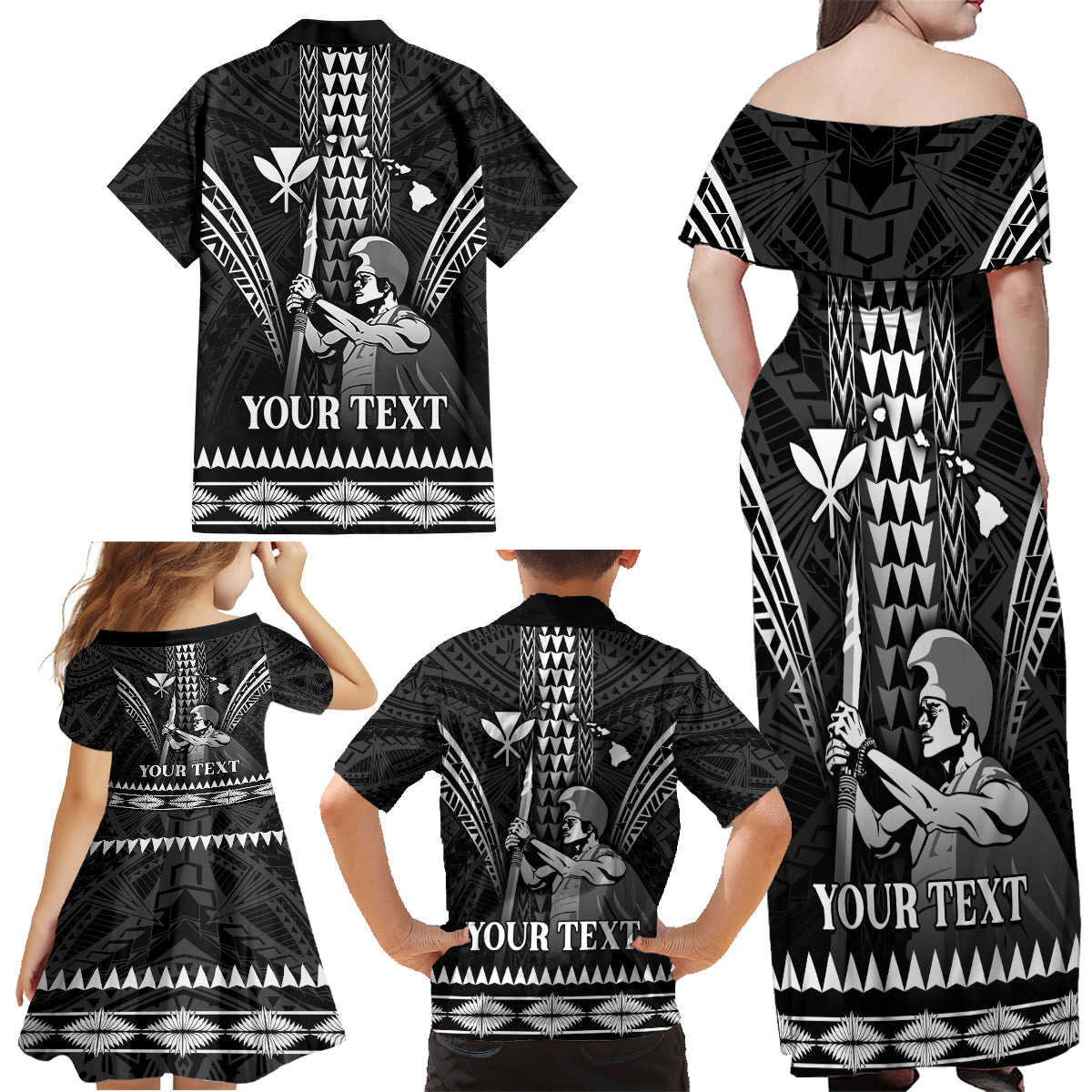 Personalised Hawaii Happy King Kamehameha Day Family Matching Off Shoulder Maxi Dress and Hawaiian Shirt Kakau Pattern LT05 - Polynesian Pride