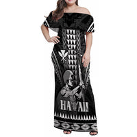 Personalised Hawaii Happy King Kamehameha Day Family Matching Off Shoulder Maxi Dress and Hawaiian Shirt Kakau Pattern LT05 Mom's Dress Black - Polynesian Pride