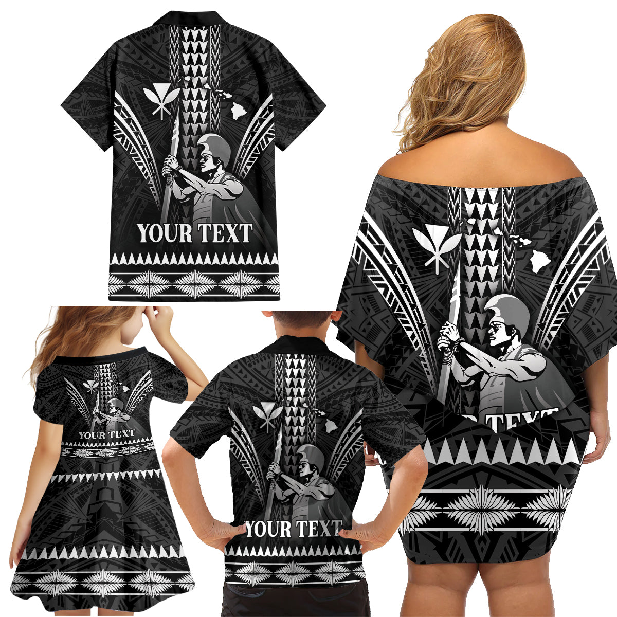 Personalised Hawaii Happy King Kamehameha Day Family Matching Off Shoulder Short Dress and Hawaiian Shirt Kakau Pattern LT05 - Polynesian Pride