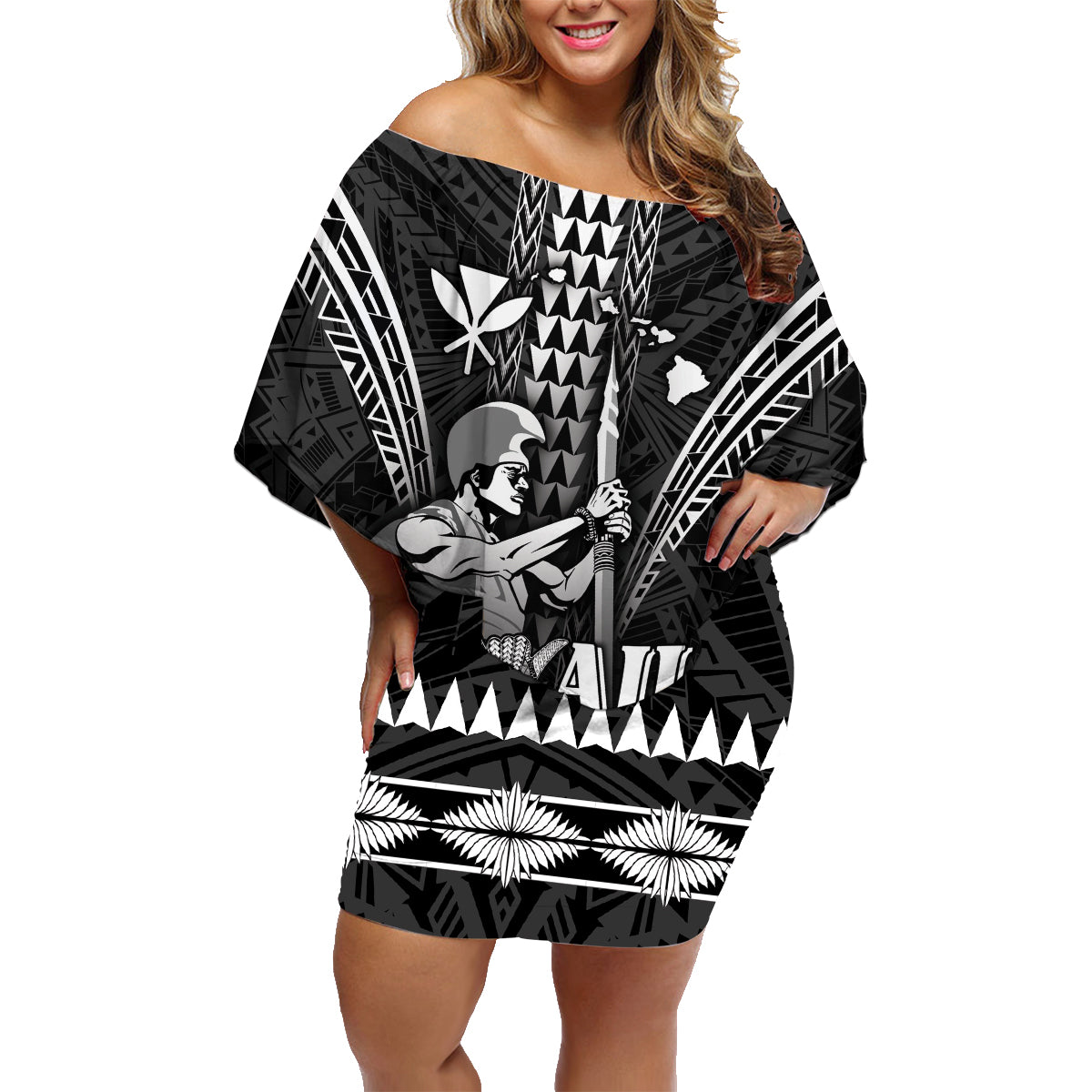 Personalised Hawaii Happy King Kamehameha Day Family Matching Off Shoulder Short Dress and Hawaiian Shirt Kakau Pattern LT05 Mom's Dress Black - Polynesian Pride