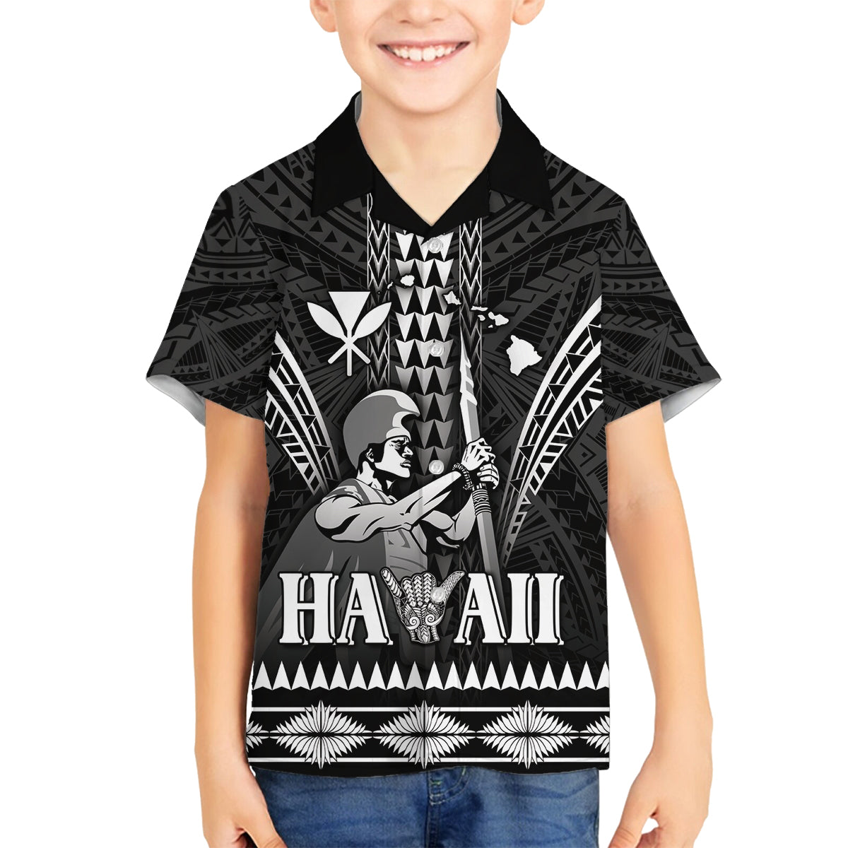 Personalised Hawaii Happy King Kamehameha Day Family Matching Off Shoulder Short Dress and Hawaiian Shirt Kakau Pattern LT05 Son's Shirt Black - Polynesian Pride