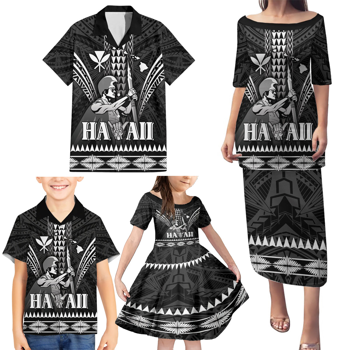 Personalised Hawaii Happy King Kamehameha Day Family Matching Puletasi and Hawaiian Shirt Kakau Pattern LT05 - Polynesian Pride