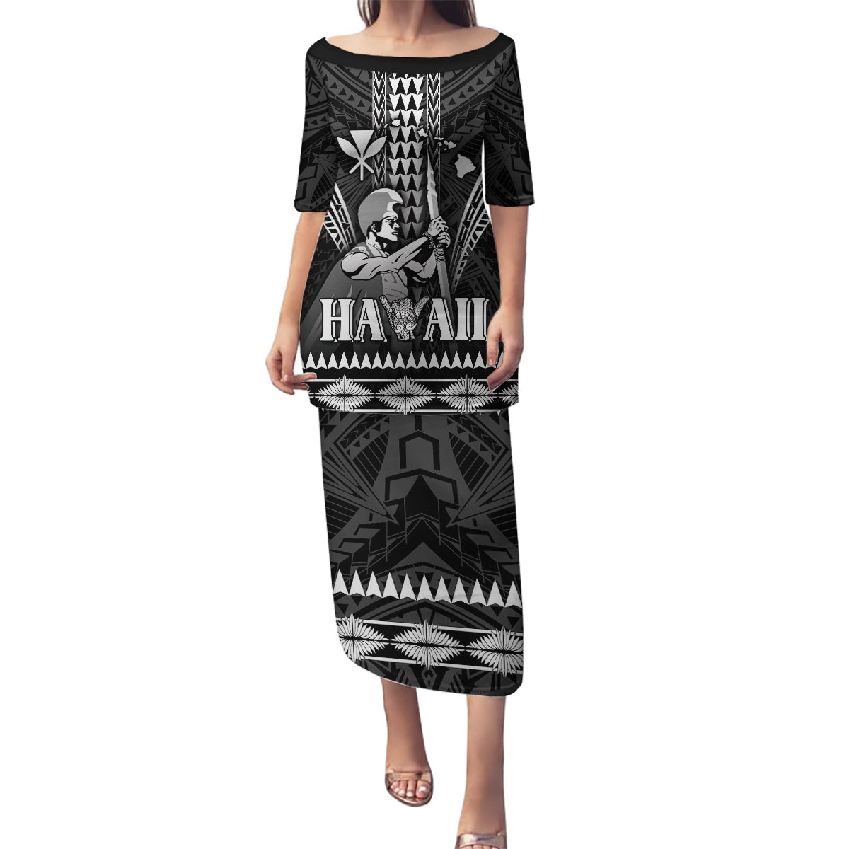 Personalised Hawaii Happy King Kamehameha Day Family Matching Puletasi and Hawaiian Shirt Kakau Pattern LT05 Mom's Dress Black - Polynesian Pride