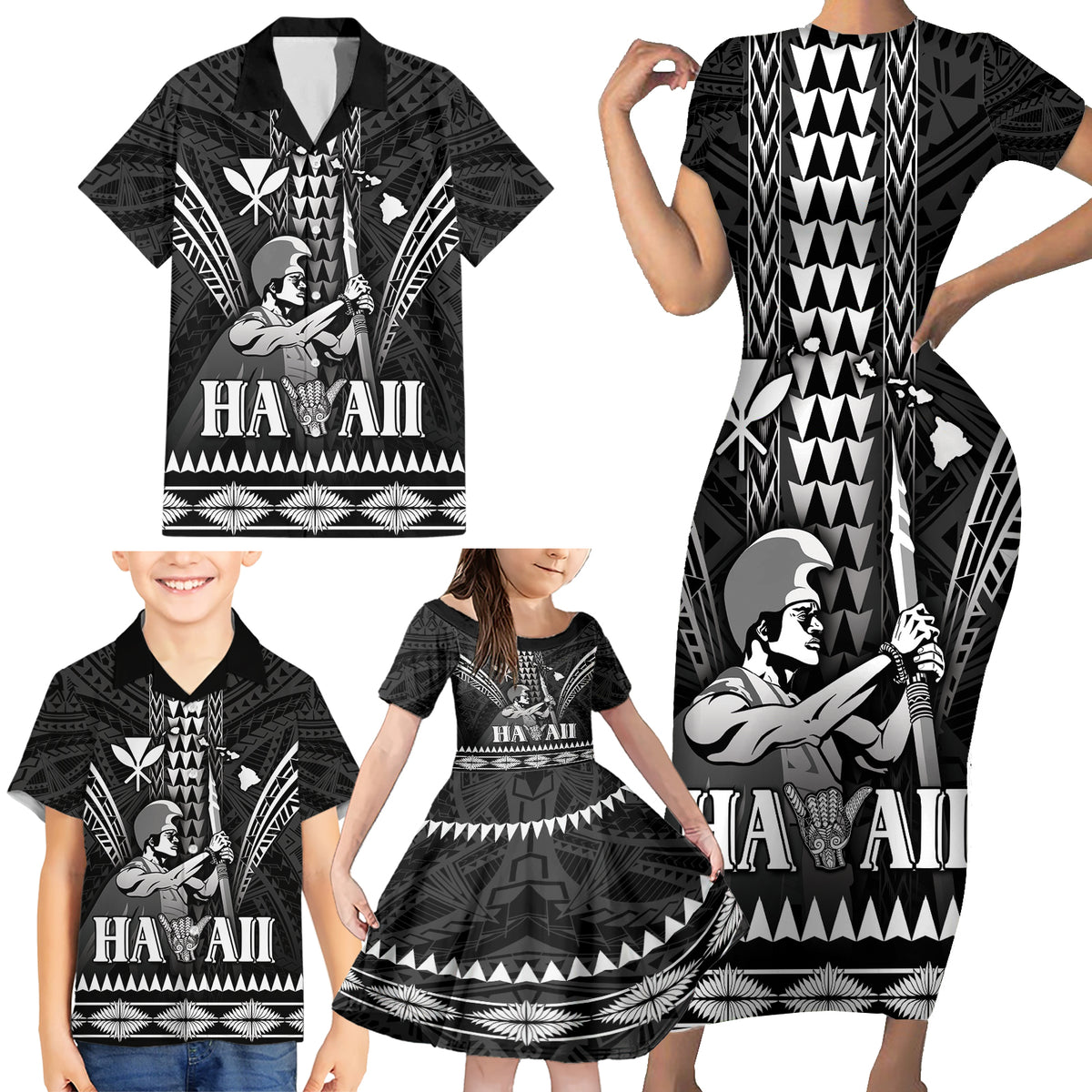 Personalised Hawaii Happy King Kamehameha Day Family Matching Short Sleeve Bodycon Dress and Hawaiian Shirt Kakau Pattern LT05 - Polynesian Pride