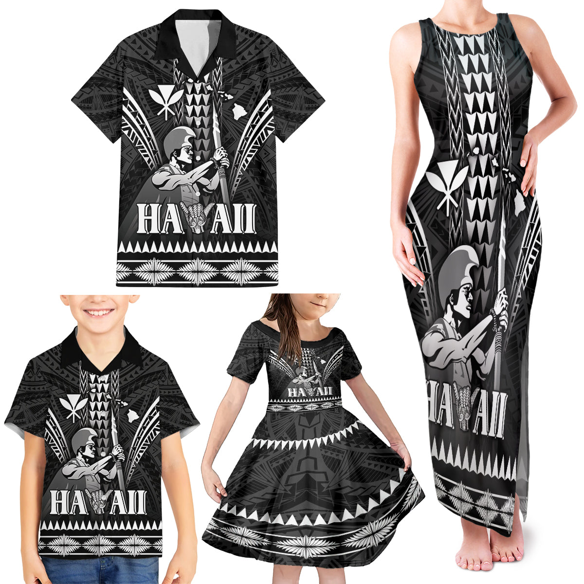Personalised Hawaii Happy King Kamehameha Day Family Matching Tank Maxi Dress and Hawaiian Shirt Kakau Pattern LT05 - Polynesian Pride