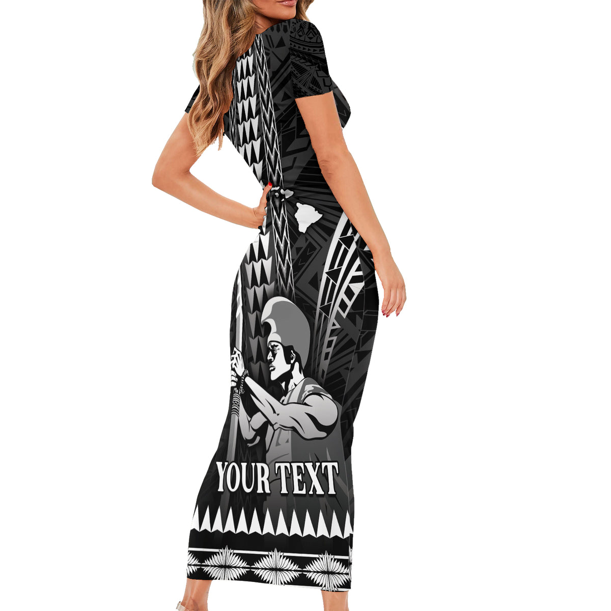 Personalised Hawaii Happy King Kamehameha Day Short Sleeve Bodycon Dress Kakau Pattern