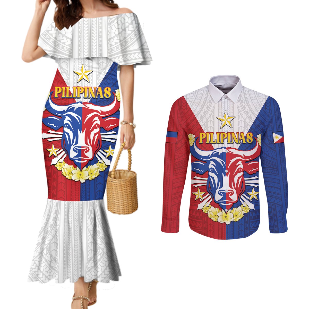 Personalised Philippines Independence Day Couples Matching Mermaid Dress and Long Sleeve Button Shirt Maligayang Araw ng Kalayaan Filipino Carabao LT05 Red - Polynesian Pride