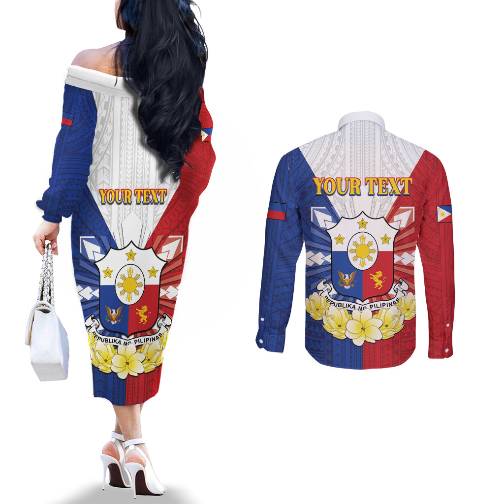 Personalised Philippines Independence Day Couples Matching Off The Shoulder Long Sleeve Dress and Long Sleeve Button Shirt Maligayang Araw ng Kalayaan Filipino Carabao LT05 - Polynesian Pride