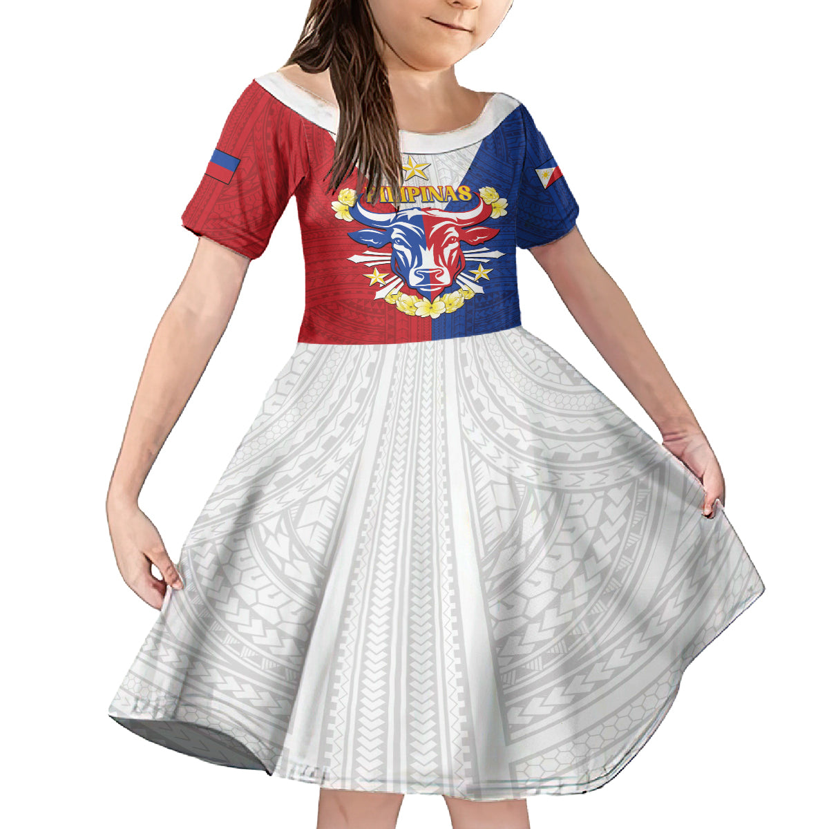 Personalised Philippines Independence Day Family Matching Off Shoulder Short Dress and Hawaiian Shirt Maligayang Araw ng Kalayaan Filipino Carabao LT05 Daughter's Dress Red - Polynesian Pride
