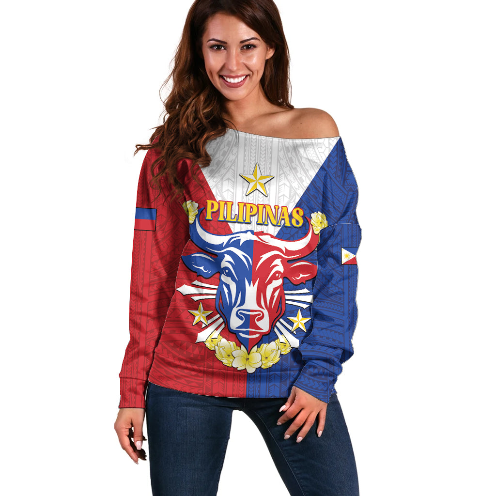 Personalised Philippines Independence Day Off Shoulder Sweater Maligayang Araw ng Kalayaan Filipino Carabao LT05 Women Red - Polynesian Pride