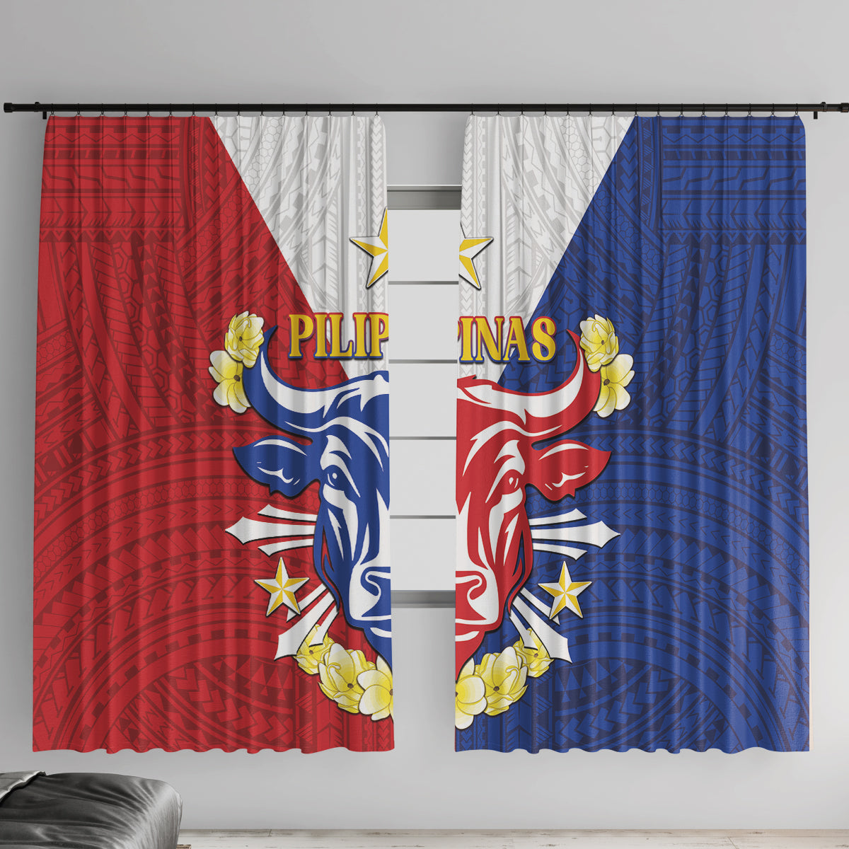 Philippines Independence Day Window Curtain Maligayang Araw ng Kalayaan Filipino Carabao LT05 With Hooks Red - Polynesian Pride