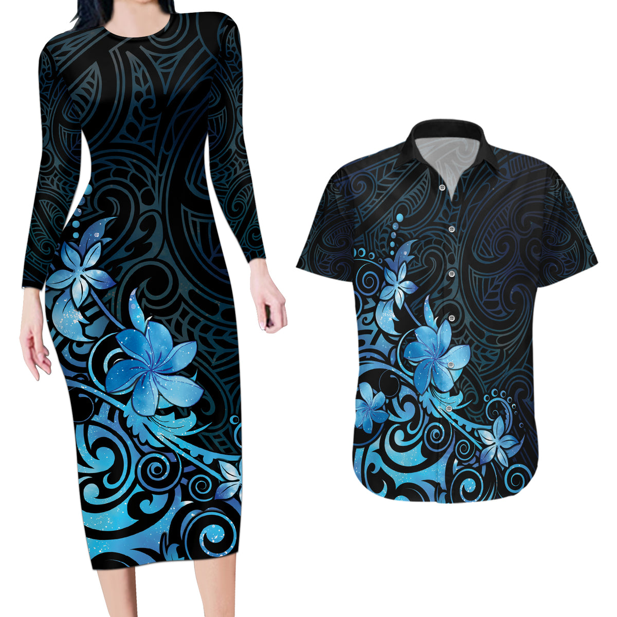 Matariki New Zealand Couples Matching Long Sleeve Bodycon Dress and Hawaiian Shirt Maori Pattern Blue Galaxy LT05 Blue - Polynesian Pride