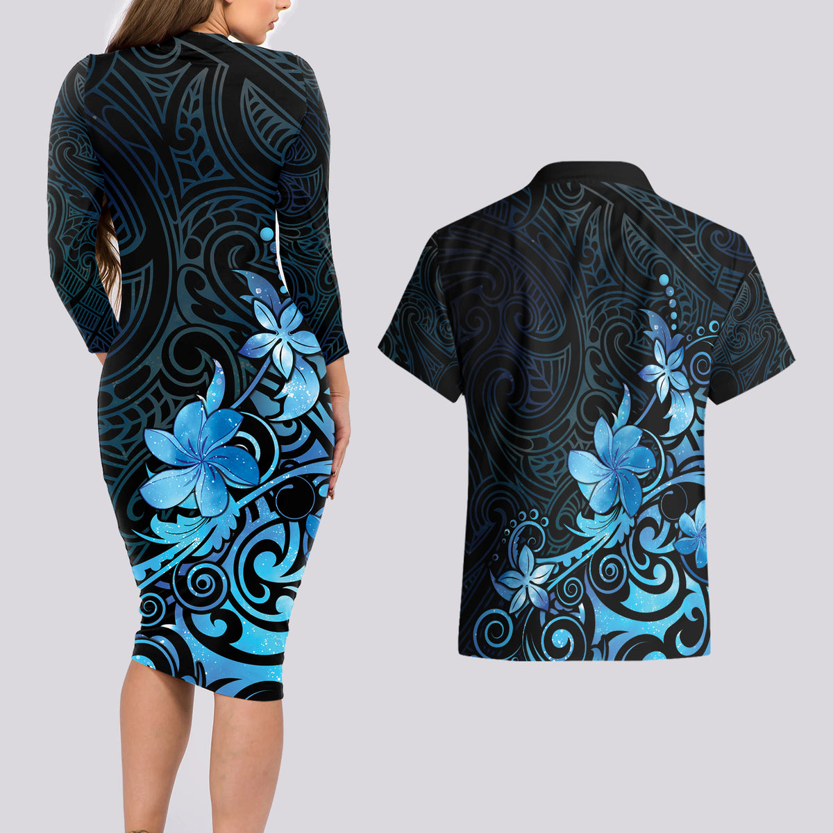 Matariki New Zealand Couples Matching Long Sleeve Bodycon Dress and Hawaiian Shirt Maori Pattern Blue Galaxy LT05 - Polynesian Pride