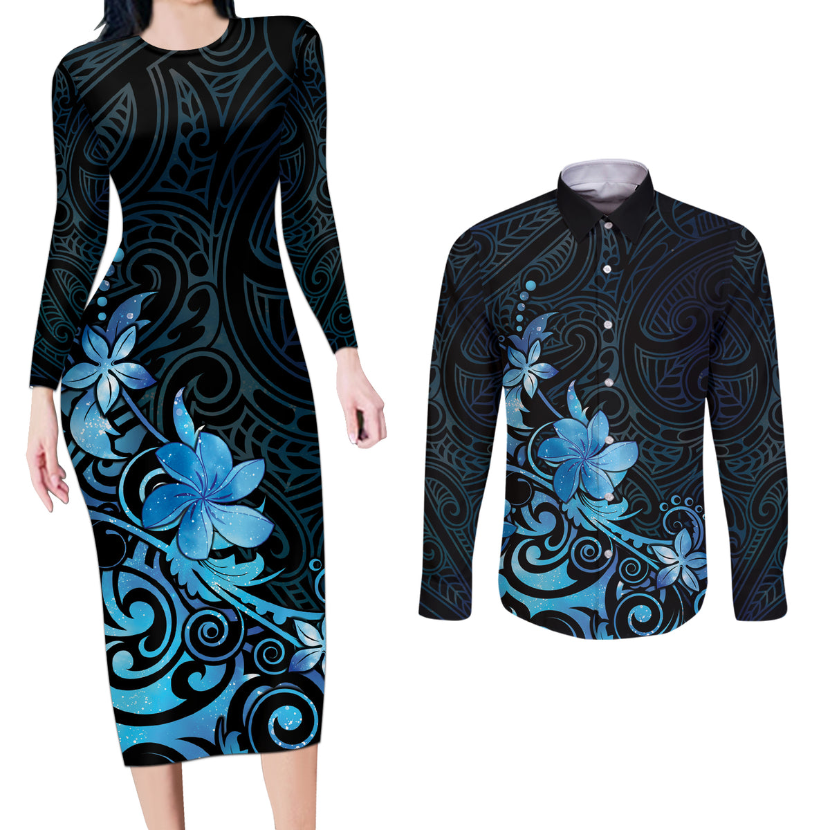 Matariki New Zealand Couples Matching Long Sleeve Bodycon Dress and Long Sleeve Button Shirt Maori Pattern Blue Galaxy LT05 Blue - Polynesian Pride