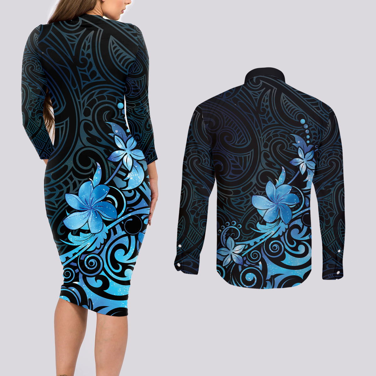 Matariki New Zealand Couples Matching Long Sleeve Bodycon Dress and Long Sleeve Button Shirt Maori Pattern Blue Galaxy LT05 - Polynesian Pride