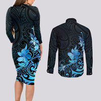 Matariki New Zealand Couples Matching Long Sleeve Bodycon Dress and Long Sleeve Button Shirt Maori Pattern Blue Galaxy LT05 - Polynesian Pride