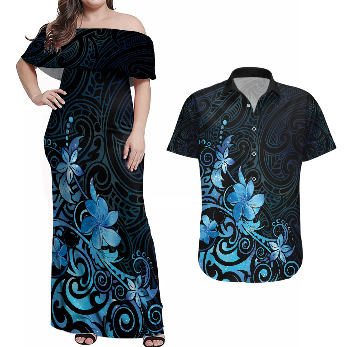 Matariki New Zealand Couples Matching Off Shoulder Maxi Dress and Hawaiian Shirt Maori Pattern Blue Galaxy LT05 Blue - Polynesian Pride