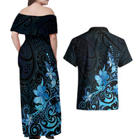 Matariki New Zealand Couples Matching Off Shoulder Maxi Dress and Hawaiian Shirt Maori Pattern Blue Galaxy LT05 - Polynesian Pride