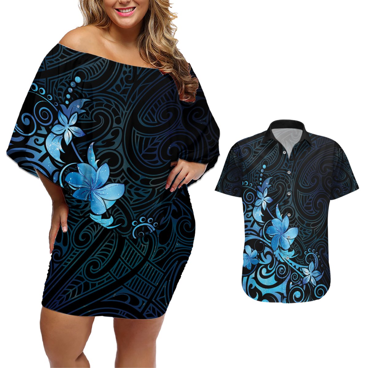 Matariki New Zealand Couples Matching Off Shoulder Short Dress and Hawaiian Shirt Maori Pattern Blue Galaxy LT05 Blue - Polynesian Pride
