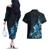 Matariki New Zealand Couples Matching Off The Shoulder Long Sleeve Dress and Hawaiian Shirt Maori Pattern Blue Galaxy LT05 - Polynesian Pride