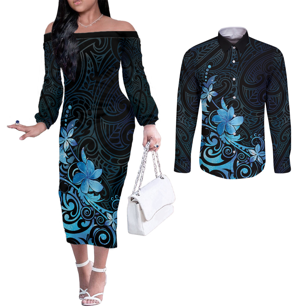 Matariki New Zealand Couples Matching Off The Shoulder Long Sleeve Dress and Long Sleeve Button Shirt Maori Pattern Blue Galaxy LT05 Blue - Polynesian Pride