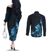 Matariki New Zealand Couples Matching Off The Shoulder Long Sleeve Dress and Long Sleeve Button Shirt Maori Pattern Blue Galaxy LT05 - Polynesian Pride