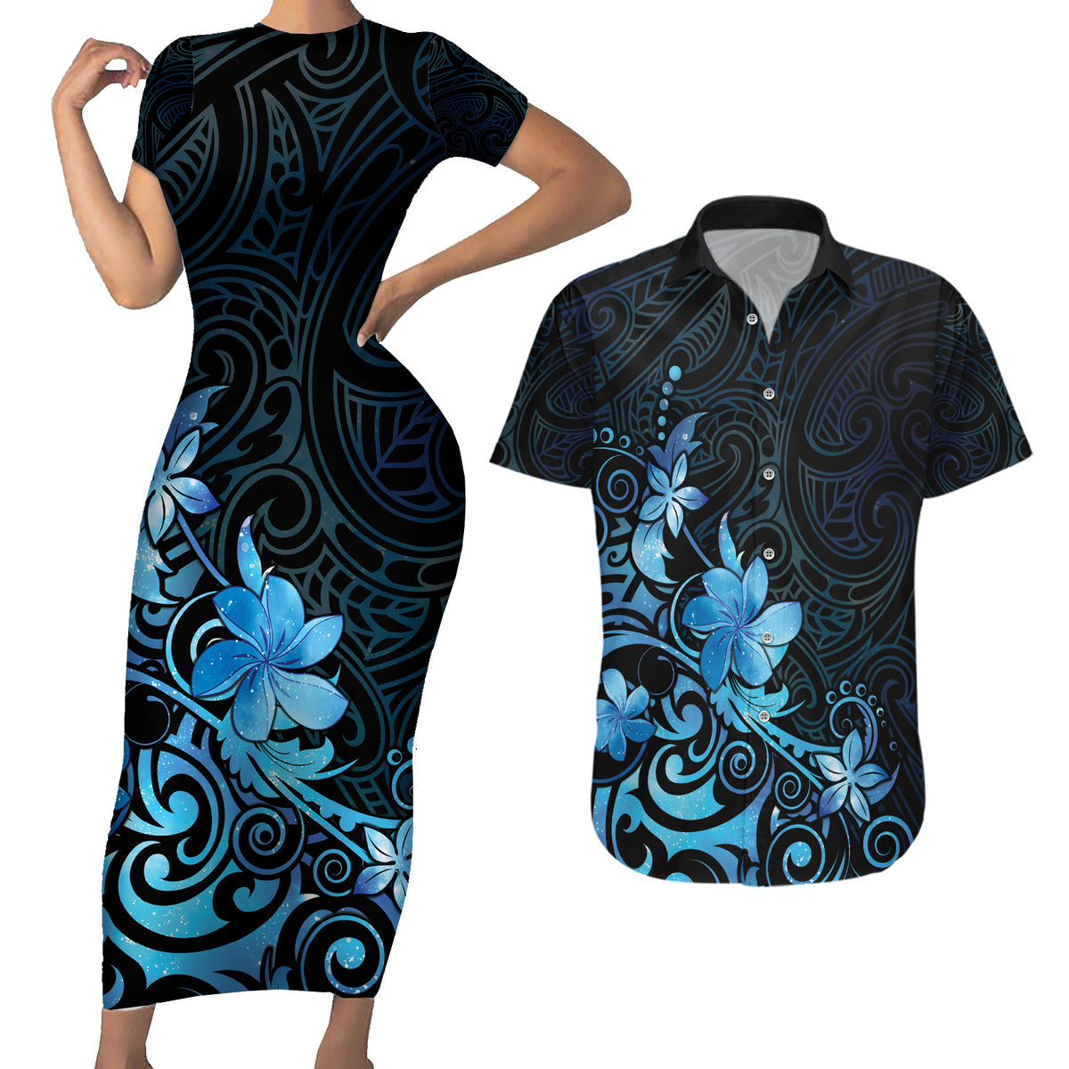 Matariki New Zealand Couples Matching Short Sleeve Bodycon Dress and Hawaiian Shirt Maori Pattern Blue Galaxy LT05 Blue - Polynesian Pride