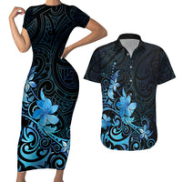 Matariki New Zealand Couples Matching Short Sleeve Bodycon Dress and Hawaiian Shirt Maori Pattern Blue Galaxy LT05 Blue - Polynesian Pride