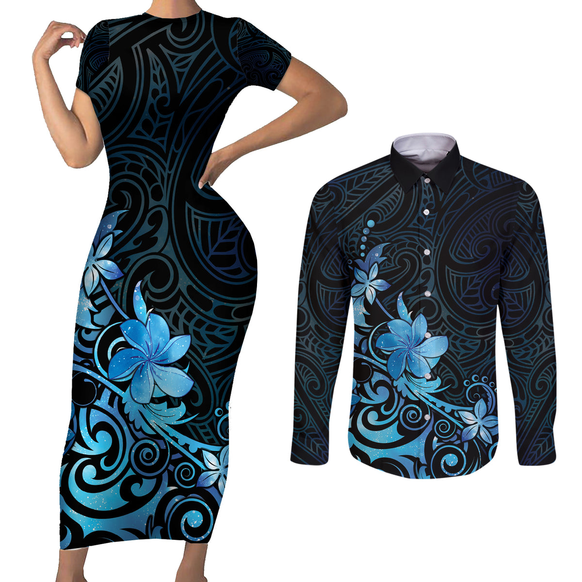 Matariki New Zealand Couples Matching Short Sleeve Bodycon Dress and Long Sleeve Button Shirt Maori Pattern Blue Galaxy LT05 Blue - Polynesian Pride