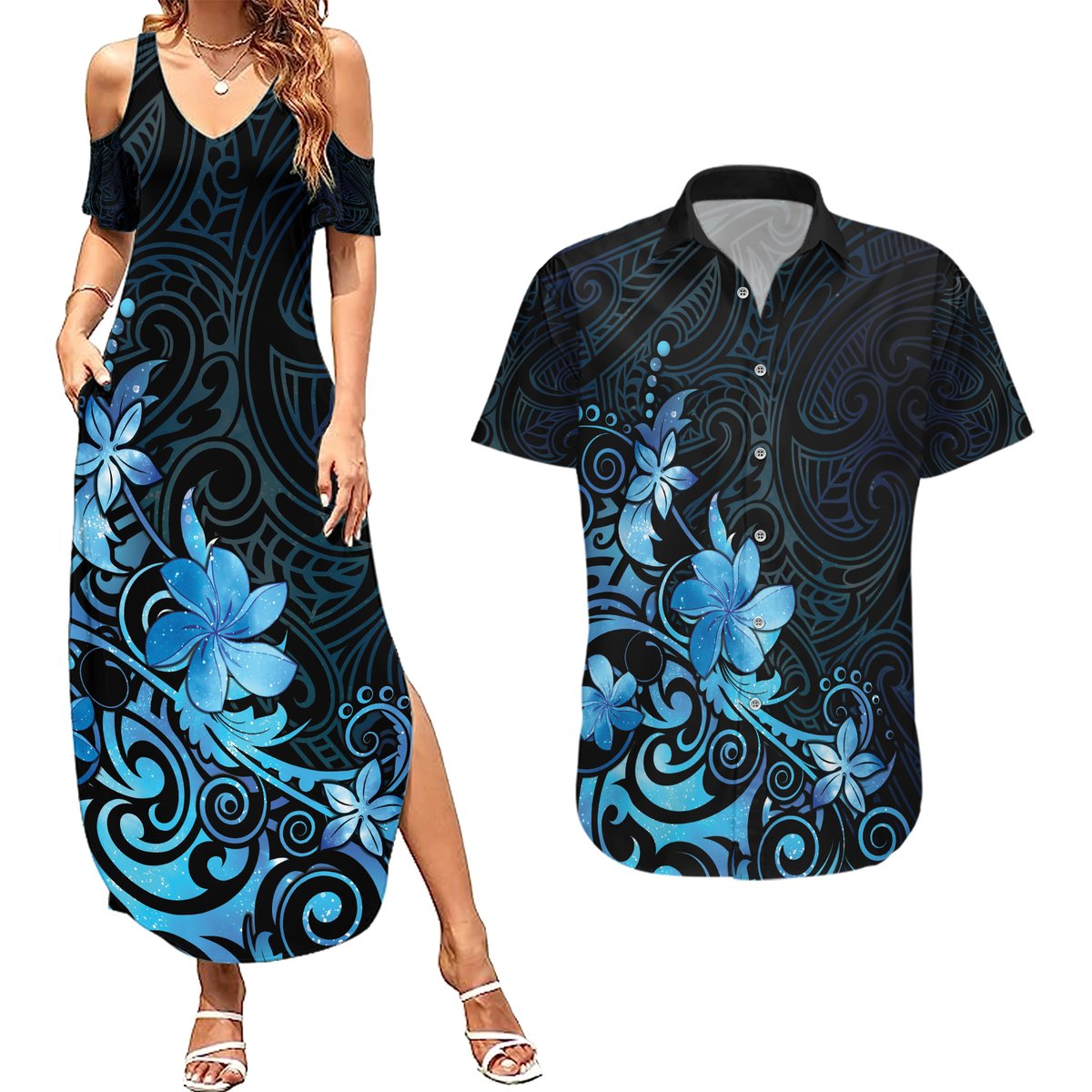 Matariki New Zealand Couples Matching Summer Maxi Dress and Hawaiian Shirt Maori Pattern Blue Galaxy LT05 Blue - Polynesian Pride