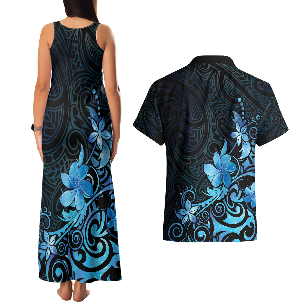 Matariki New Zealand Couples Matching Tank Maxi Dress and Hawaiian Shirt Maori Pattern Blue Galaxy LT05 - Polynesian Pride