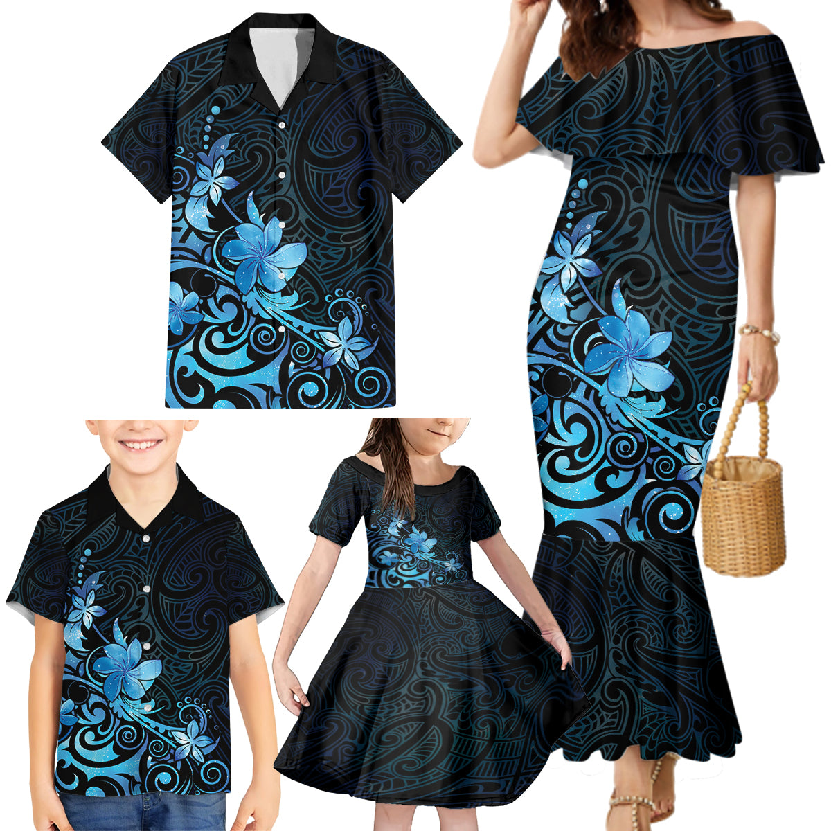 Matariki New Zealand Family Matching Mermaid Dress and Hawaiian Shirt Maori Pattern Blue Galaxy LT05 - Polynesian Pride