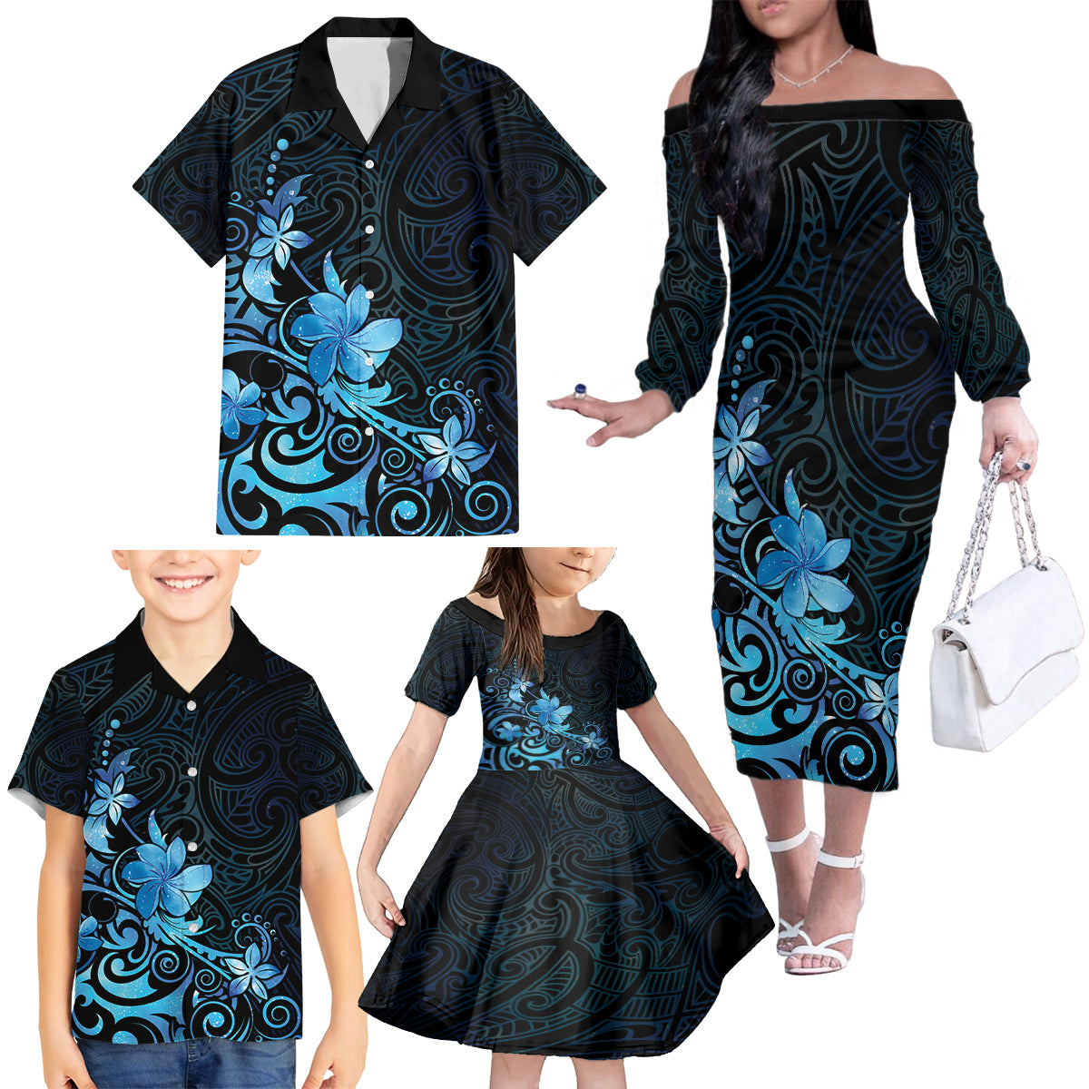 Matariki New Zealand Family Matching Off The Shoulder Long Sleeve Dress and Hawaiian Shirt Maori Pattern Blue Galaxy LT05 - Polynesian Pride