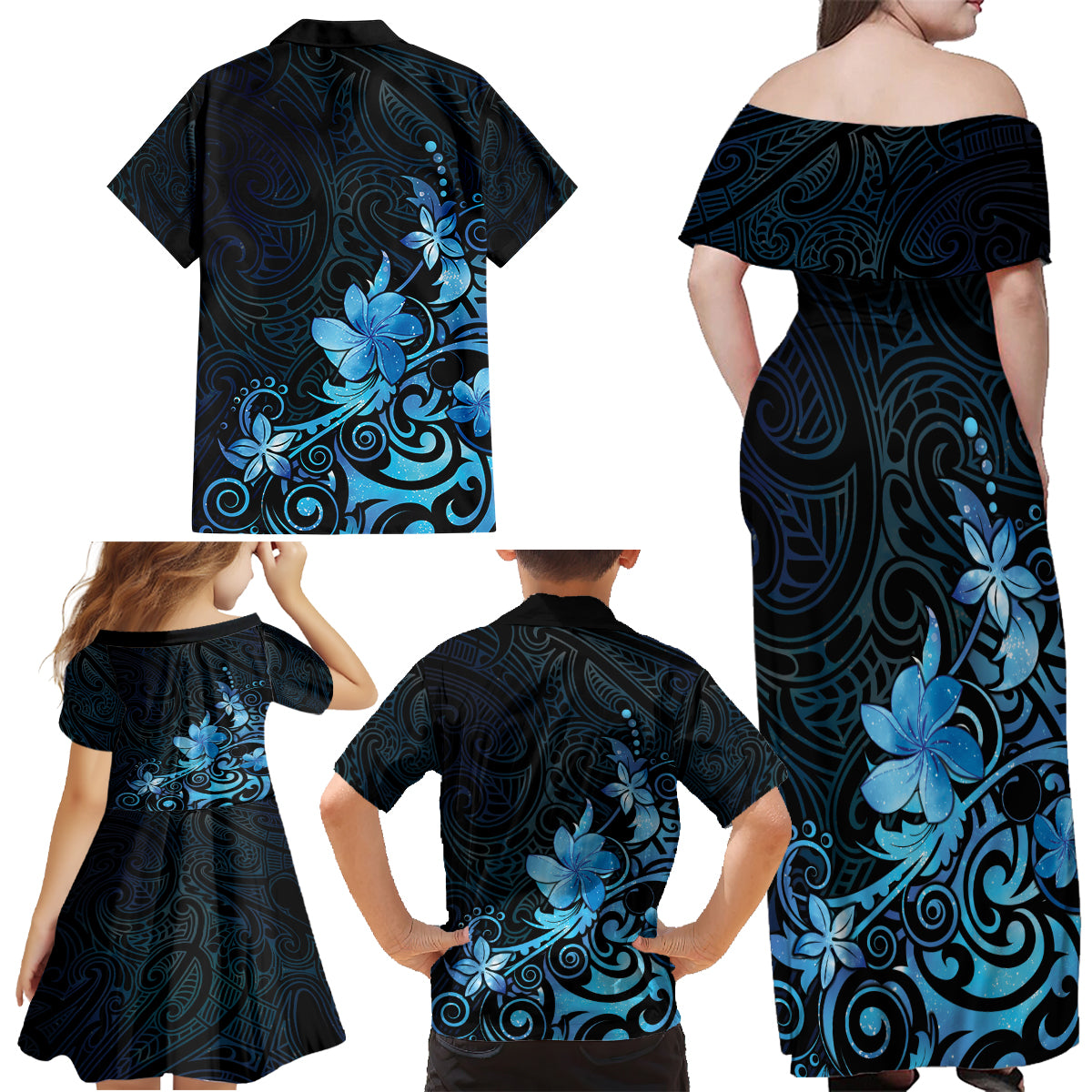 Matariki New Zealand Family Matching Off Shoulder Maxi Dress and Hawaiian Shirt Maori Pattern Blue Galaxy LT05 - Polynesian Pride