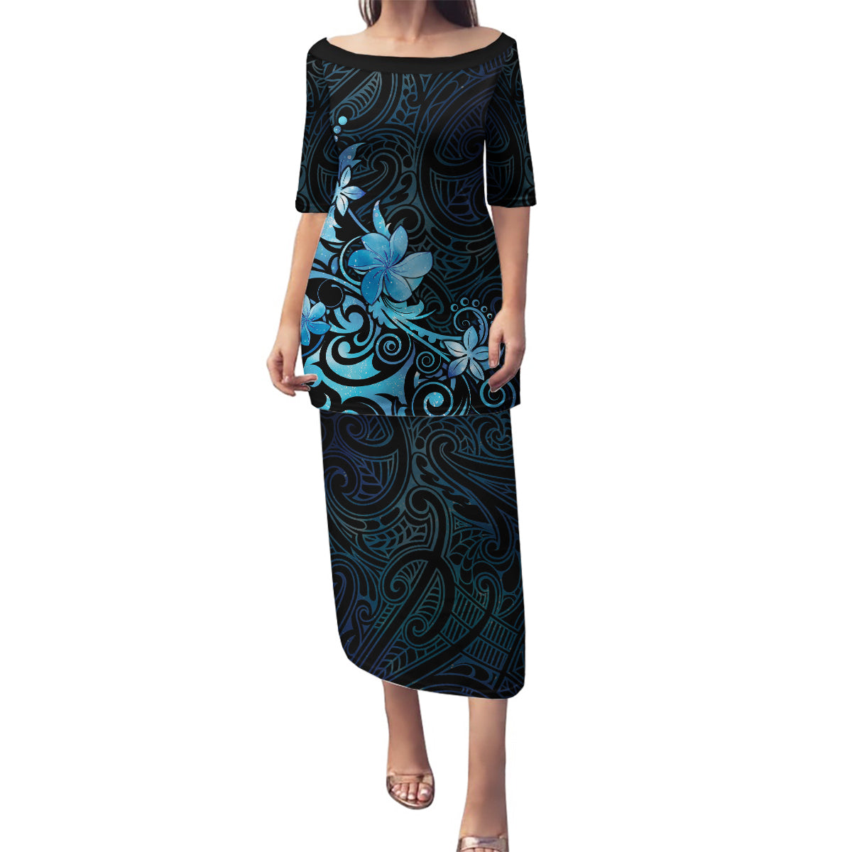 Matariki New Zealand Family Matching Puletasi and Hawaiian Shirt Maori Pattern Blue Galaxy LT05 Mom's Dress Blue - Polynesian Pride