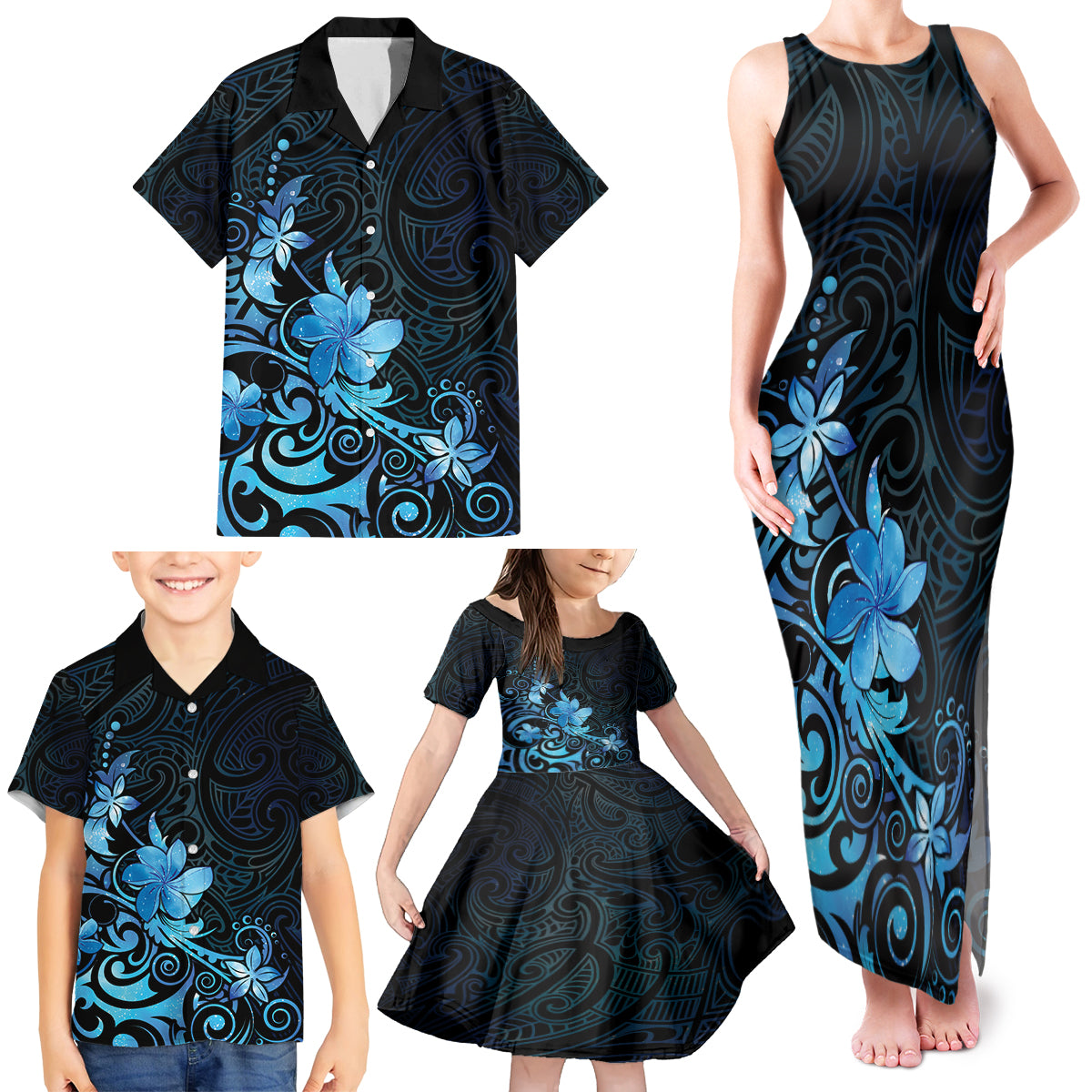 Matariki New Zealand Family Matching Tank Maxi Dress and Hawaiian Shirt Maori Pattern Blue Galaxy LT05 - Polynesian Pride