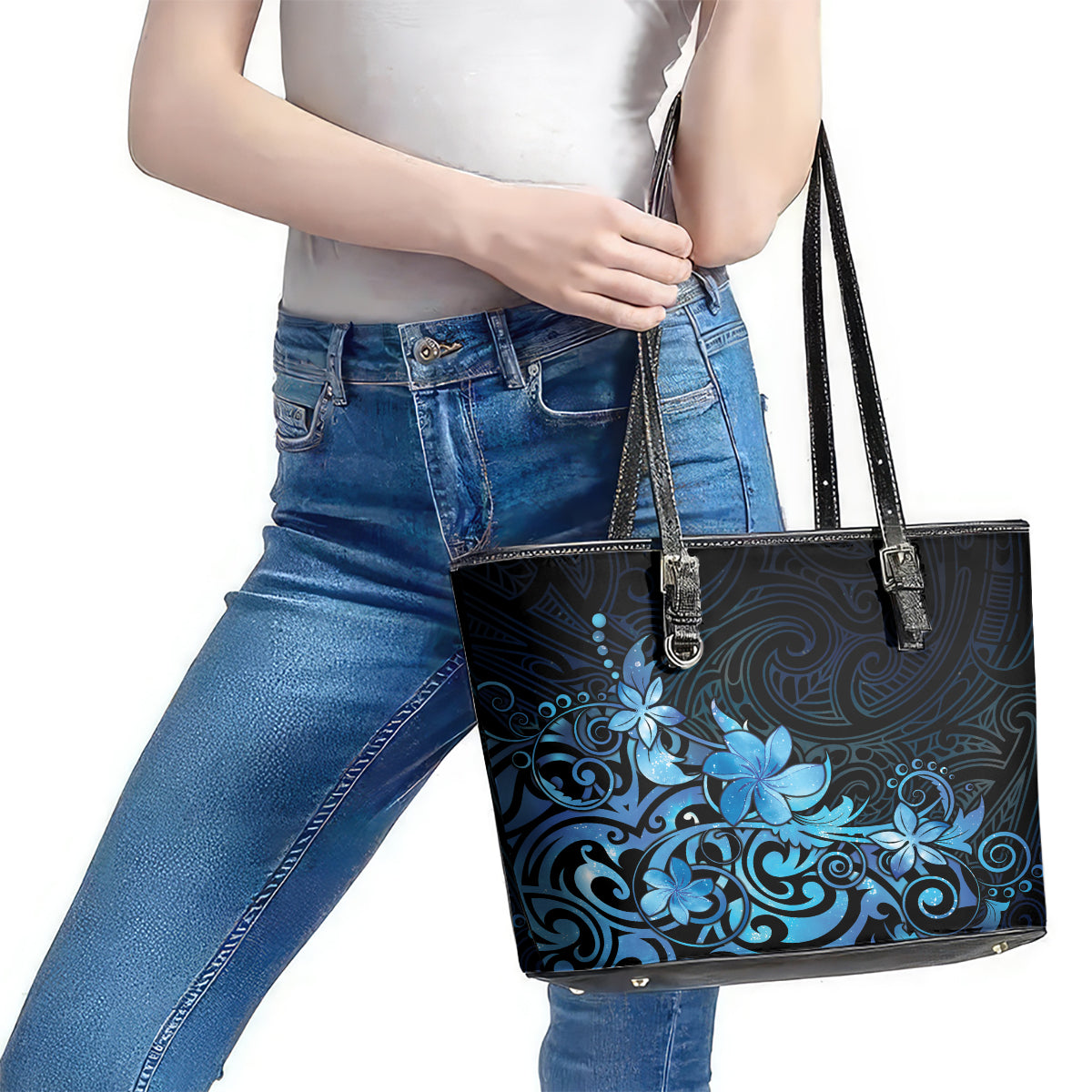 Matariki New Zealand Leather Tote Bag Maori Pattern Blue Galaxy