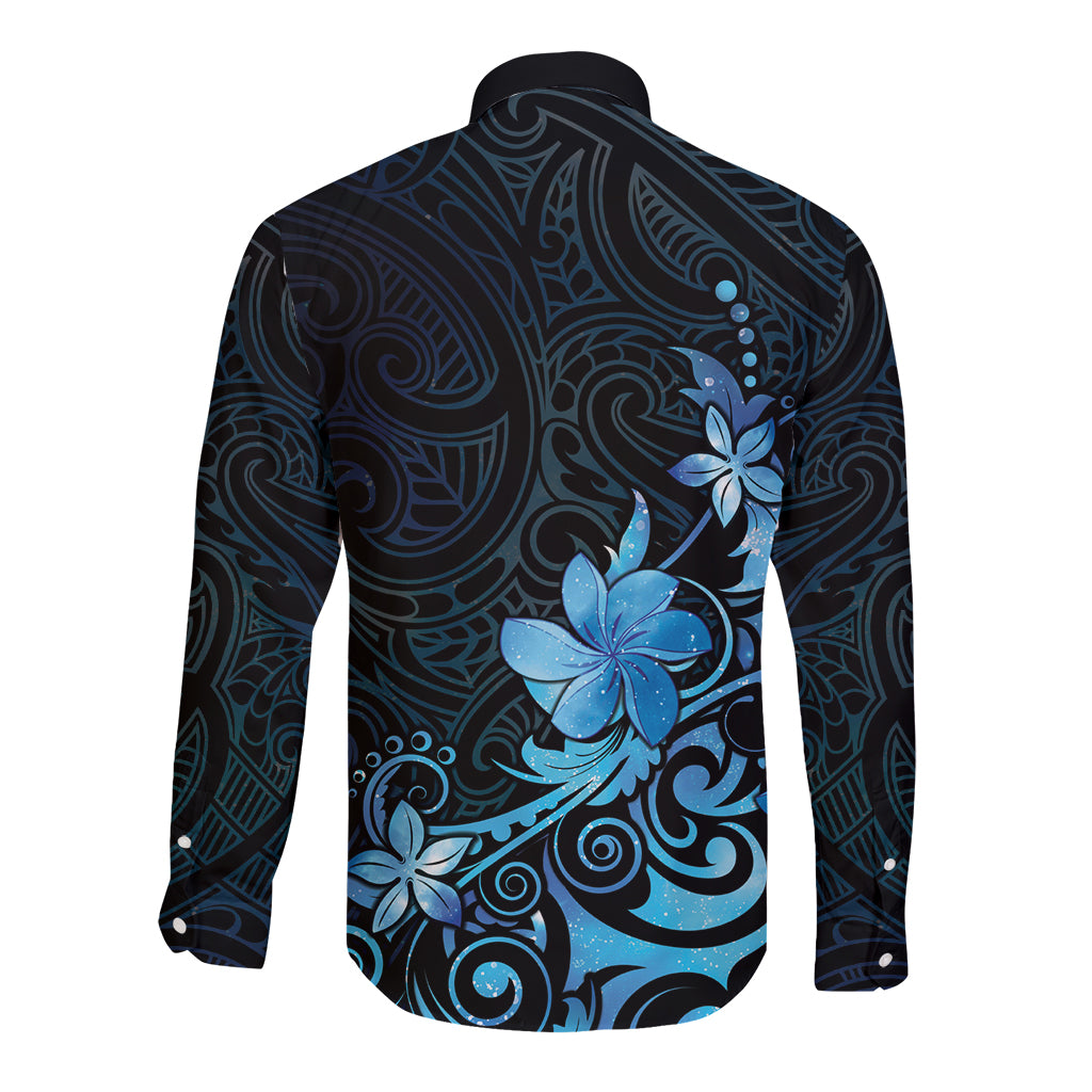 Matariki New Zealand Long Sleeve Button Shirt Maori Pattern Blue Galaxy