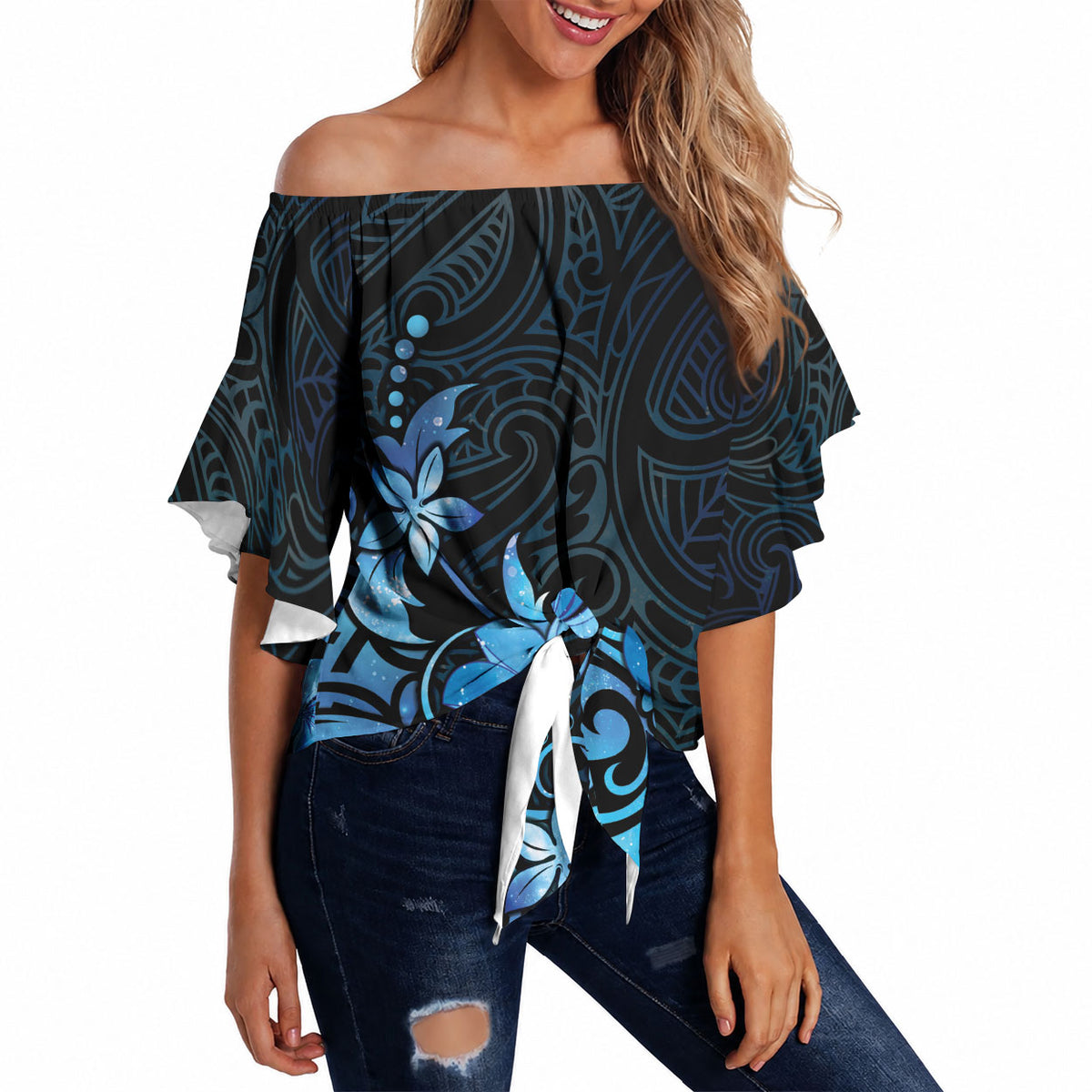 Matariki New Zealand Off Shoulder Wrap Waist Top Maori Pattern Blue Galaxy LT05 - Polynesian Pride