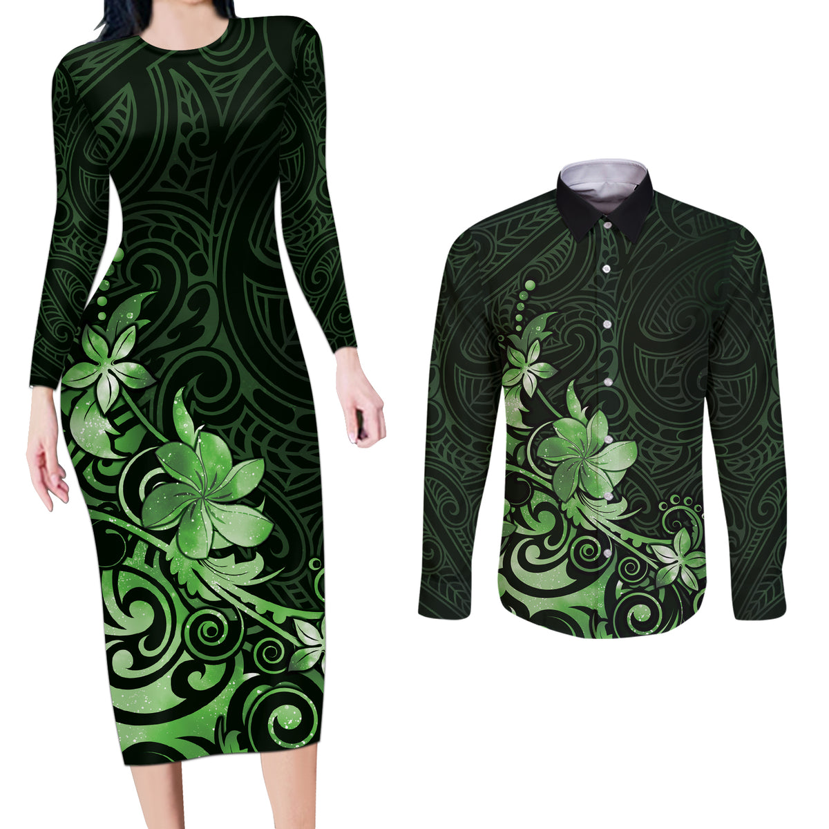 Matariki New Zealand Couples Matching Long Sleeve Bodycon Dress and Long Sleeve Button Shirt Maori Pattern Green Galaxy LT05 Green - Polynesian Pride