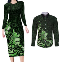 Matariki New Zealand Couples Matching Long Sleeve Bodycon Dress and Long Sleeve Button Shirt Maori Pattern Green Galaxy LT05 Green - Polynesian Pride