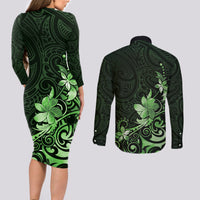 Matariki New Zealand Couples Matching Long Sleeve Bodycon Dress and Long Sleeve Button Shirt Maori Pattern Green Galaxy LT05 - Polynesian Pride