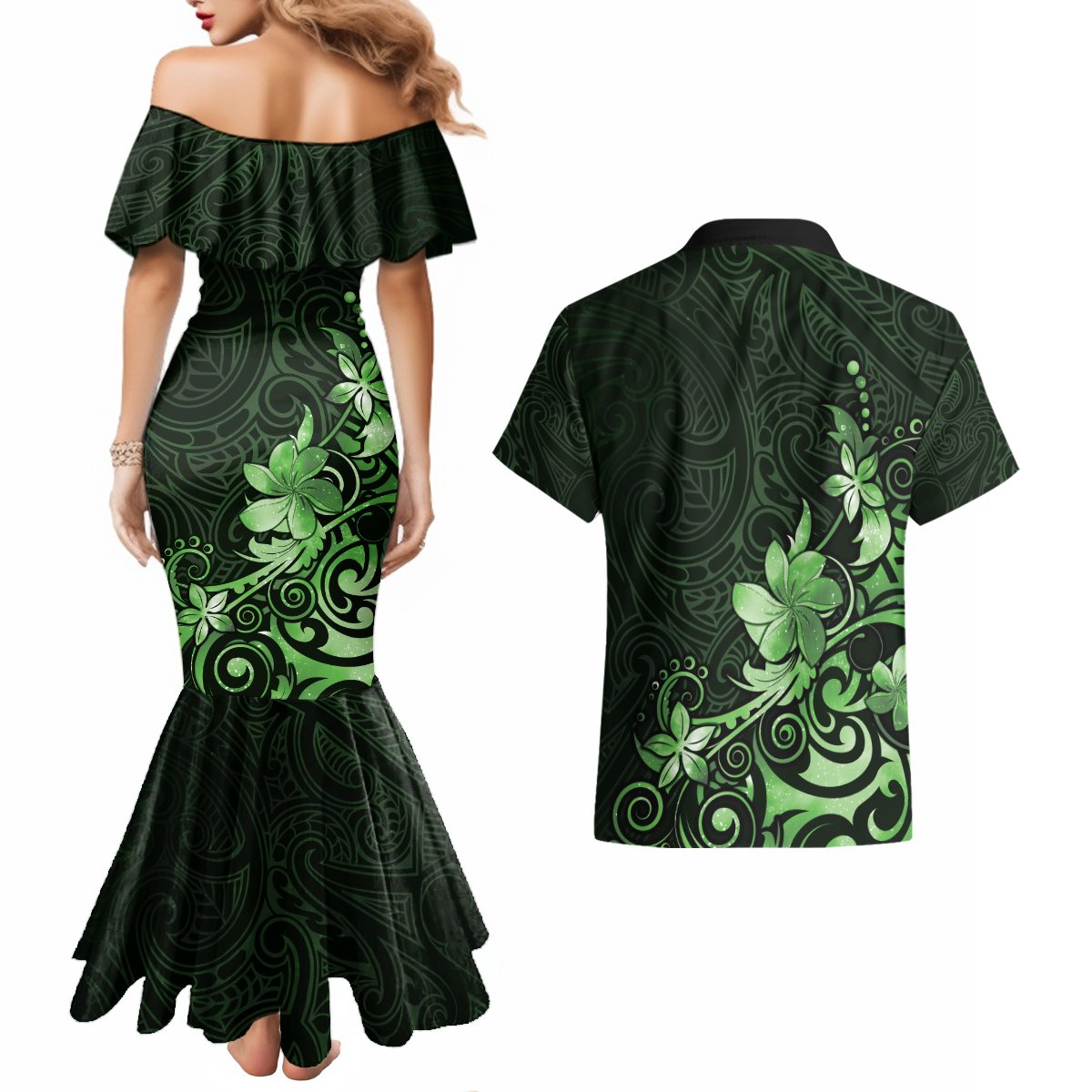 Matariki New Zealand Couples Matching Mermaid Dress and Hawaiian Shirt Maori Pattern Green Galaxy LT05 - Polynesian Pride