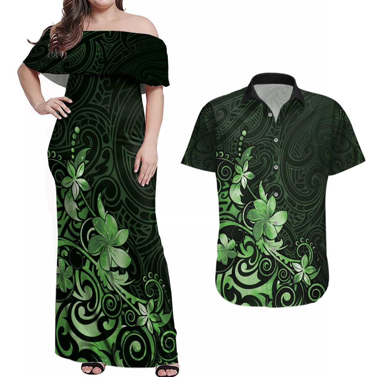 Matariki New Zealand Couples Matching Off Shoulder Maxi Dress and Hawaiian Shirt Maori Pattern Green Galaxy LT05 Green - Polynesian Pride