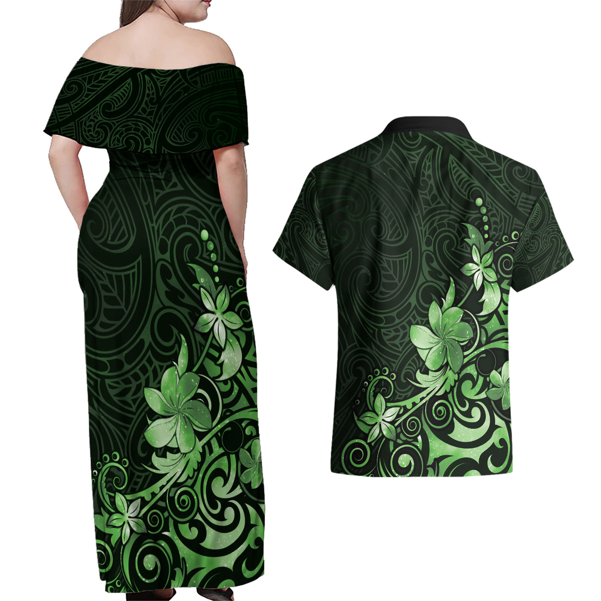 Matariki New Zealand Couples Matching Off Shoulder Maxi Dress and Hawaiian Shirt Maori Pattern Green Galaxy LT05 - Polynesian Pride