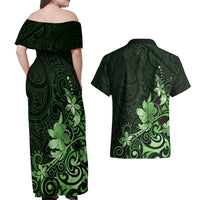 Matariki New Zealand Couples Matching Off Shoulder Maxi Dress and Hawaiian Shirt Maori Pattern Green Galaxy LT05 - Polynesian Pride